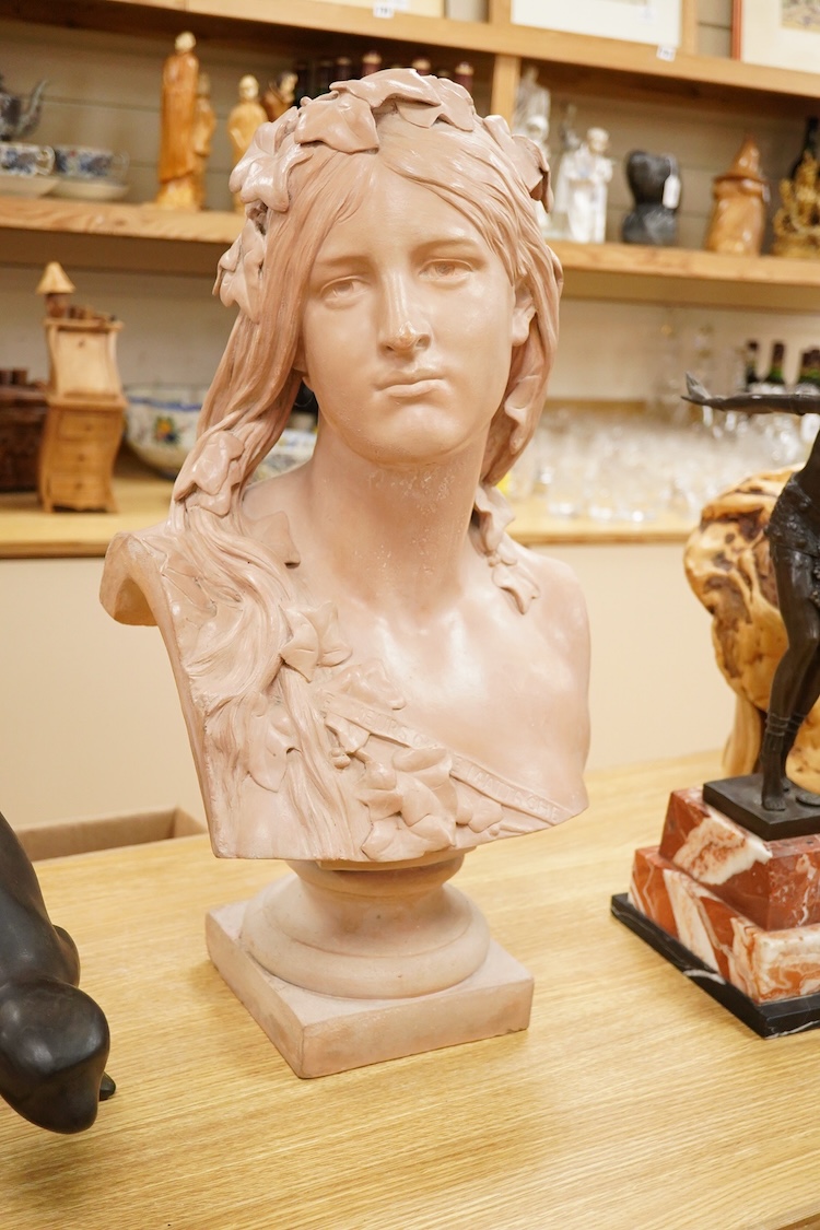 Jean Jules Cambos (1828-1917), A large terracotta bust of a maiden, signed, 63cm high
